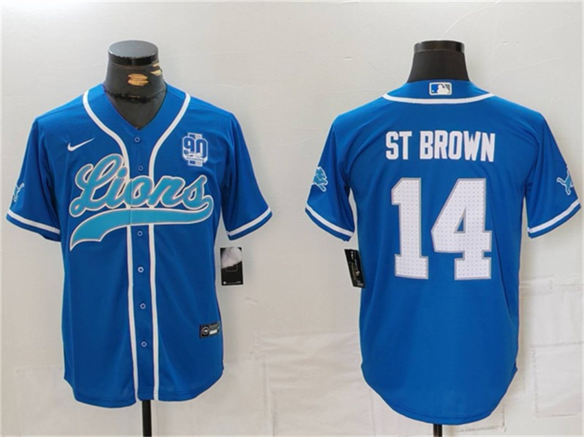 Men's Blue Detroit Lions #14 Amon-Ra St. Brown With 90th Anniversary Patch Cool Base Stitched Baseball Jersey